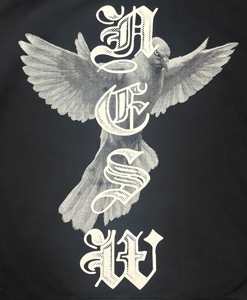 Screen printed t-shirt with dove and gothic lettering design
